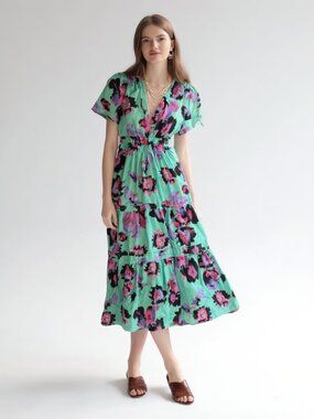 Anthropologie Somerset Maxi Dress Mint Green Ikat Floral Flutter Sleeve Small